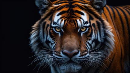 Naklejka premium Wild feline portrait highlighting tiger's gaze and fur on a dark backdrop