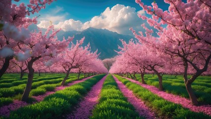Fototapeta premium Blooming almond grove during springtime