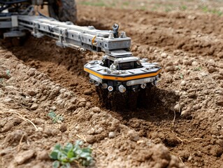 A robotic agricultural cultivator precisely plants seeds in freshly tilled soil du sptime fieldwork on a sunny day.
