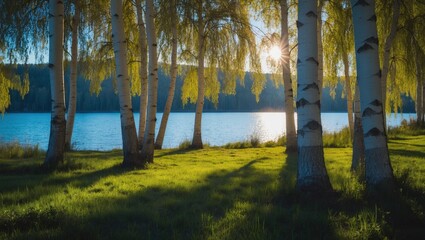 Birch grove near the lake captured in detail, with shadows cast on the grass and sunbeams piercing through the trees as autumn begins.