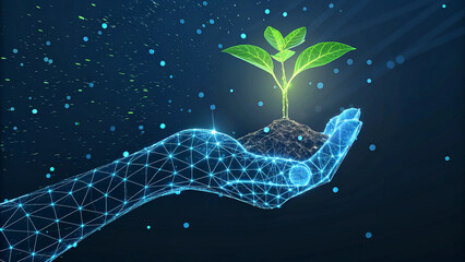 Futuristic Digital Hand Holding Plant Technology and Sustainability Concept.Digital hand nurturing a green sprout, symbolizing technological growth and environmental sustainability in a futuristic.