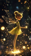 
Tinkerbell, a movie-inspired style, with glitter and sparkle effects, full-body composition, glowing light effect, magical fantasy art style, black background, high resolution.

