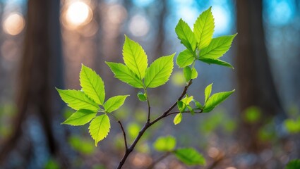 Springtime and plant growth cycle featuring bright green, miniature leaves on a soft-focused natural background