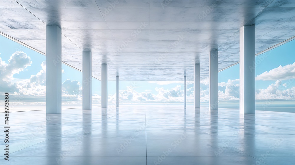 Poster ミニマルなコンクリート建築の抽象的な背景 広々とした空間 青い空と雲が反射する床 柱が立ち並ぶ現代的なデザイン