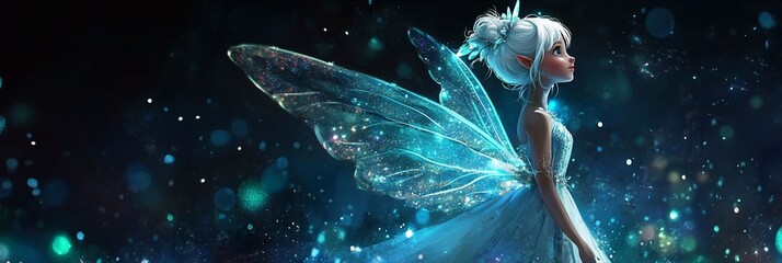 
Tinkerbell, a movie-inspired style, with glitter and sparkle effects, full-body composition, glowing light effect, magical fantasy art style, black background, high resolution.

