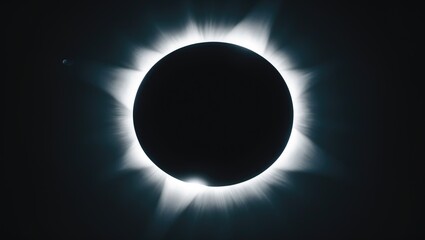 Colorized image capturing the solar eclipse, corona, and cosmic phenomena during totality