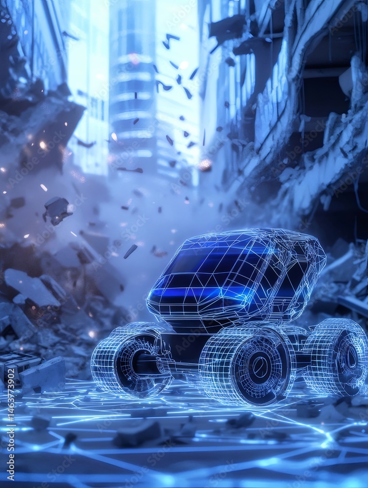 Aufkleber 崩壊都市の背景に青いデジタルライトを備えた未来的なロボット 瓦礫の山と破壊された建物が荒廃のシーンを照らすテクノロジーアート