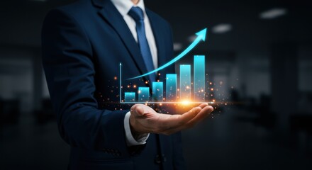 Businessman holds holographic bar graph with upward arrow representing growth and success.