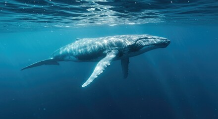 a massive blue whale swimming through deep ocean layers