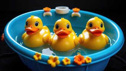 Beautiful child care setting featuring three adorable yellow rubber ducks in a colorful oval-shaped bathtub.