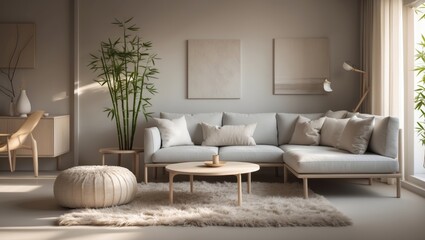 Living room setup with a comfy sofa, coffee table, and bamboo plant