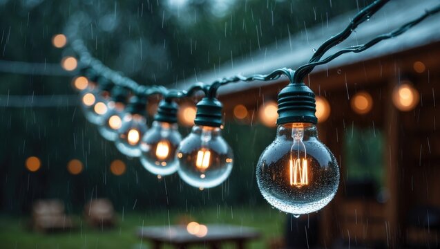 Retro garden decorative bulb on wire illuminated by rain drops, lights off