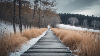 Scenic walking trail in a natural setting during winter, bordered by trees and grasses.