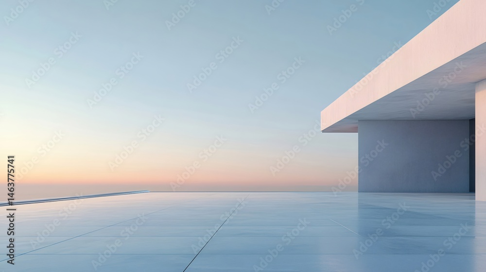 Poster 水平線の向こうに広がる白いテラスとミニマルな建築 夕暮れの空と海が静寂を添えるミニマルな建築デザイン