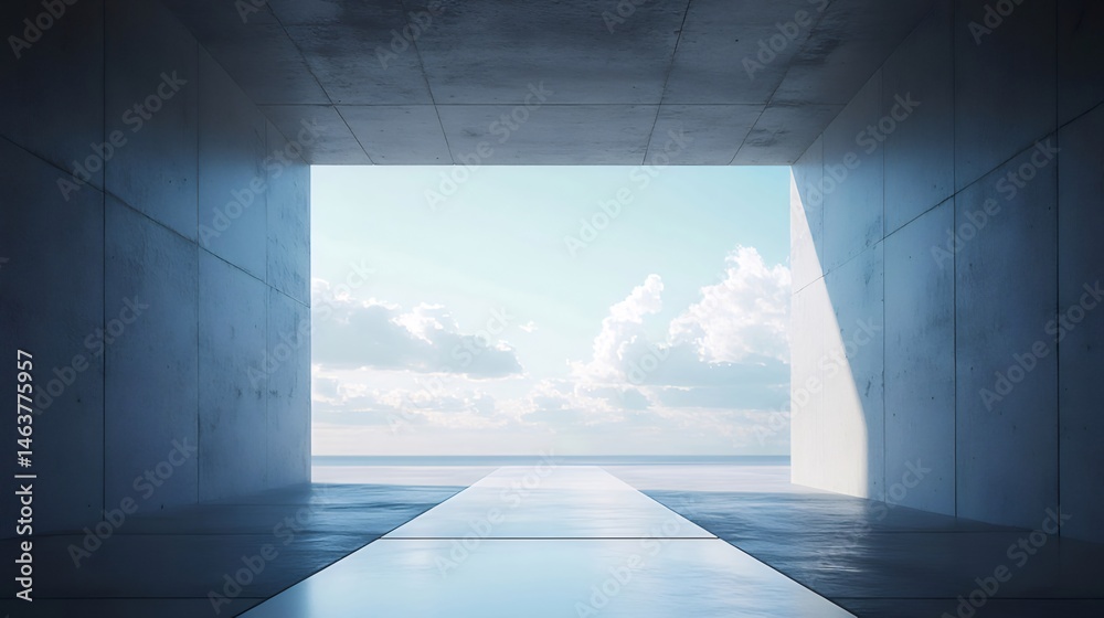 Poster コンクリートトンネルから見える穏やかな海の日の光と青い空の景色建築構造と水の反射の未来的なデザイン