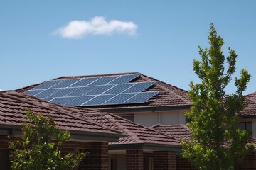 Fototapeta premium Residential Home with Solar Panels on Brown Tile Roof under Blue Sky