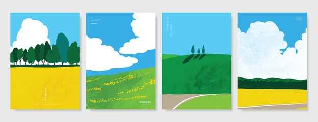 Abstract Green Summer landscape background vector set. Nature wallpaper of green field on mountain, yellow flowers, blue sky , rice, river. Watercolor illustration for cover, wall art, decoration. © babeer