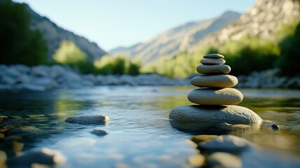 Serene river scene with stacked stones reflecting in calm waters surrounded by mountains
