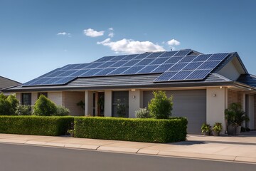Naklejka premium Modern Suburban Home with Solar Panels on Roof under Blue Sky