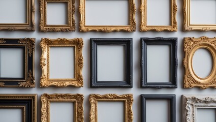 Retro golden photo frame set with decorative border on background