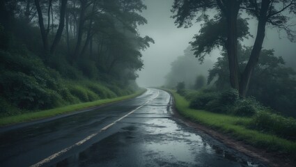 Fototapeta premium Old broken road bordered by trees on both sides