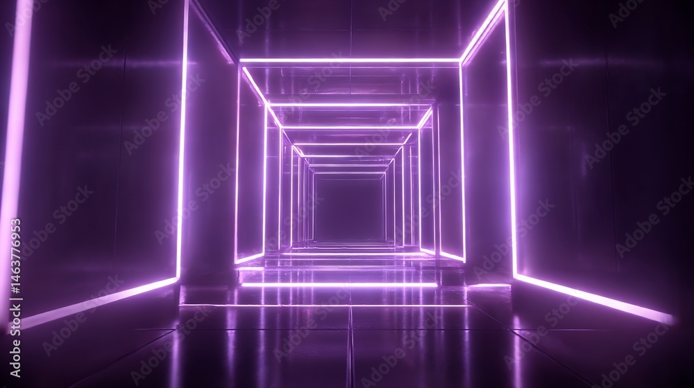 Poster illuminated endless tunnel with symmetrical neon square frame effect