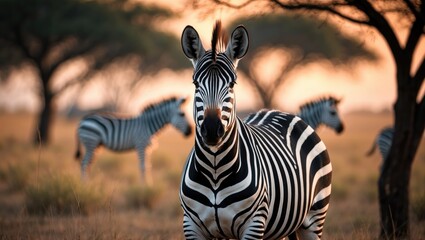 Zebra. Wildlife animal in the savanna of a conservation national park. Background of natural scenery.