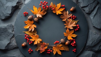 Fall-inspired floral and berry wreath arrangement on black backdrop, overhead perspective with minimal design.