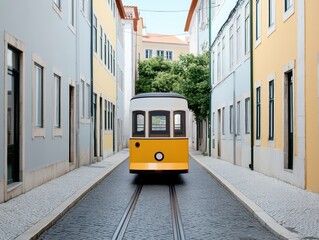 Naklejka premium Narrow street, retro tram