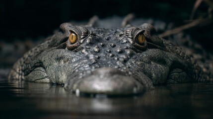 Obraz premium Close-up of a Crocodile Emerging from Water with Striking Yellow Eyes and Textured Skin Features