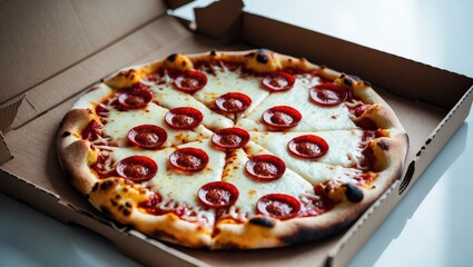 Freshly baked sausage pizza packaged in a cardboard box