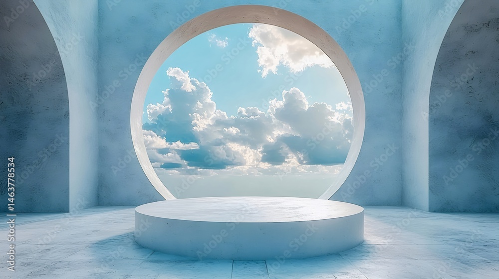 Poster 青い空と白い雲と円形の窓のある白いコンクリート構造物の背景にミニマルなデザイン