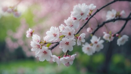 Obraz premium Blooming cherry branch in a lush garden setting