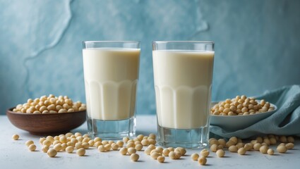 Healthy soy milk and beans in a glass on a white background highlighting natural nutrition