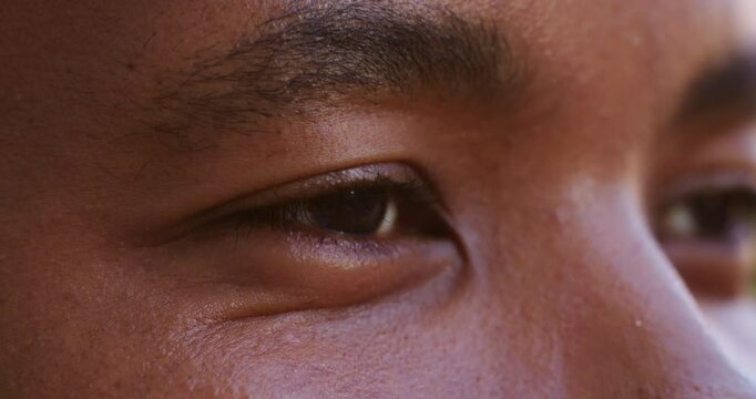 Eyes, thinking and man closeup with vision, ophthalmology or remember memory in profile. Face, zoom and person with thoughts, eyesight health and ponder with reflection of idea with contact lenses