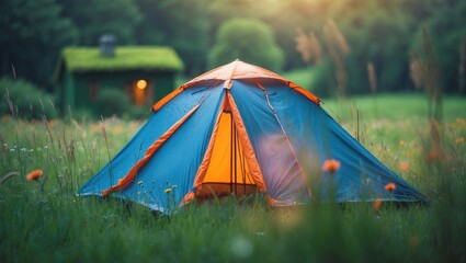 A tranquil landscape with a tent nestled in lush greenery, creating an ideal spot for rest and connecting with the scenic beauty of nature