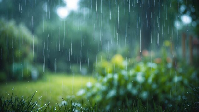 Rainy day outside: abstract garden background with droplets and wet scenery