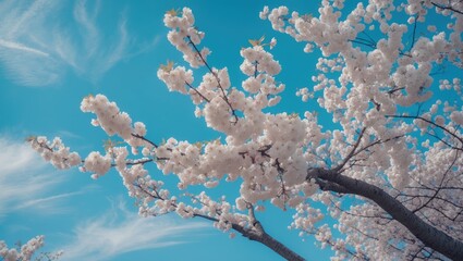 White sakura flowers on a blooming cherry tree set against a spring sky