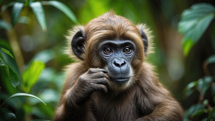 Fototapeta premium Natural habitat shot of a Bonobo infant with lush greenery in the background
