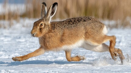 Obraz premium Running Brown Hare in a Snowy Landscape Captured in Dynamic Motion Under Natural Light Conditions