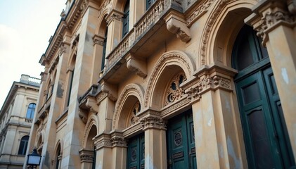 Obraz premium Close-up of ornate church facade in urban setting, detail, city
