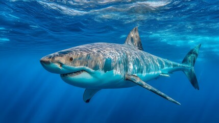 Fototapeta premium Majestic Great White Shark Swimming Gracefully in Clear Blue Ocean Waters Underplay of Sunlight Rays