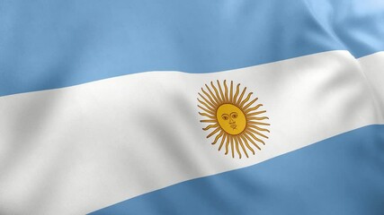 Close up realistic animation of Argentinian national flag waving gently. Light blue, white stripes, Sun of May emblem. Seamless loop for national pride themes