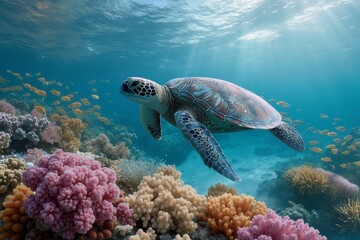 Obraz premium A turtle swimming over a coral reef in the ocean