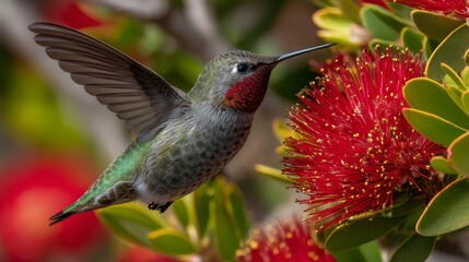 Fototapeta premium Vibrant Hummingbird Hovering Near Bright Red Blossom in Natural Environment at Daylight
