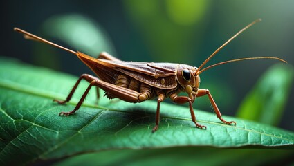 Sunlit macro image of a grasshopper with wings on a leaf in natural outdoor setting