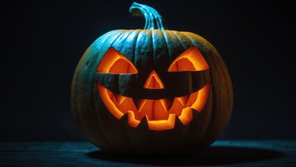 Fototapeta premium Carved jack-o'-lantern emitting a bright glow with a smiling face in the black night