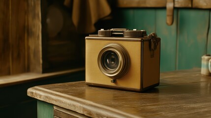 Vintage Camera on Table: A classic vintage camera rests on a rustic wooden table. The camera&rsquo;s intricate design, with its lens, dials and the charming backdrop conveys nostalgia. 