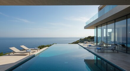 Fototapeta premium Infinity pool overlooking the ocean with lounge chairs