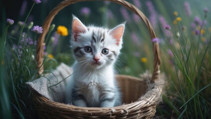 Small white kitten outdoors in a wicker basket, curious and gazing into the camera with big eyes